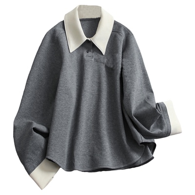 含羊毛撞色翻领宽松长袖套头卫衣