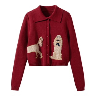 【甜美减龄】重工贴布绣 学院风翻领趣味小狗绣花针织开衫毛衣女