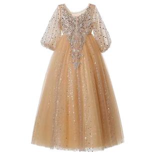 儿童礼服高端小主持人服装长袖女童生日金色钢琴演出服走秀秋冬