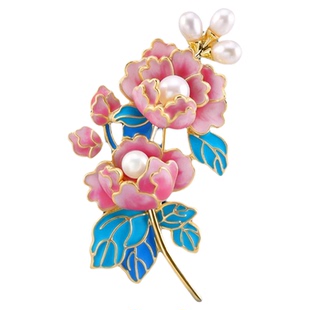 Blanche牡丹花胸针高档女天然珍珠 别针彩绘珐琅新中式胸花送妈妈
