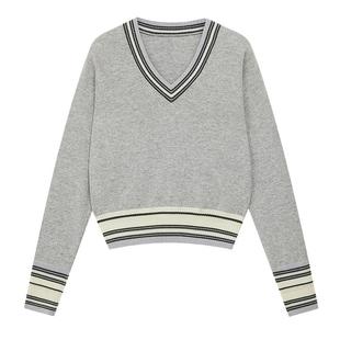 BLUE ERDOSmiu系慵懒风条纹拼接V领羊毛羊绒针织套衫