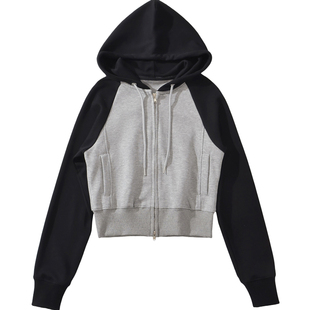 棉洋减龄撞色拼接休闲双拉链小外套女美式复古短款连帽抽绳小卫衣