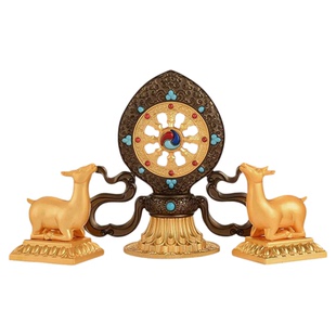 王师兄藏式彩绘双鹿法轮摆件轮王七珍大昭寺双鹿金轮宝供具藏传佛