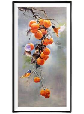 新中式手绘柿子油画竖版玄关挂画