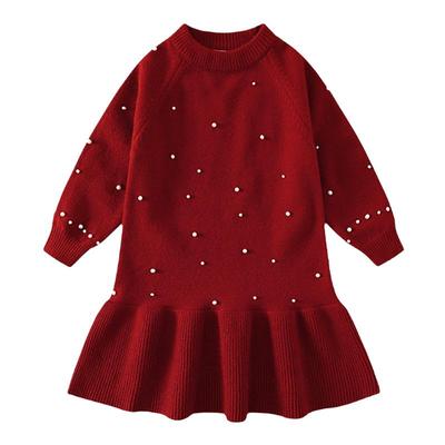 植木童装钉珠荷叶边加厚女童连衣裙2025冬装新款儿童毛衣拜年服