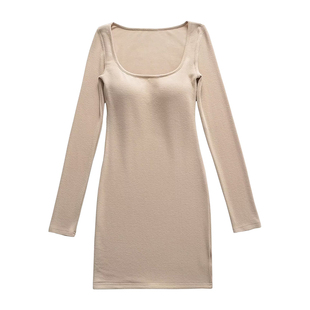 YoungGirlDay纯欲性感方领修身显瘦德绒长袖包臀连衣裙短裙含胸垫