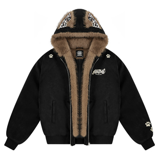 404MOB豹纹猫耳加绒连帽座山雕麂皮外套棉服女冬季保暖厚毛领棉袄