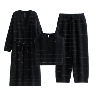 悦内半边绒睡衣女睡袍冬季冬天加厚珊瑚绒长款吊带背心睡裙三件套