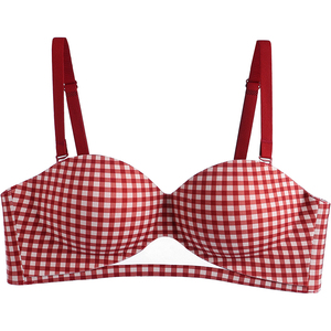 红色格子性感半杯内衣女小胸显大
