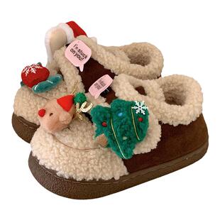 细细条 百搭羊羔毛棉鞋女冬季魔术贴可爱圣诞老人亲子外穿豆豆鞋
