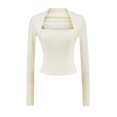 方领假两件长袖显瘦收腰辣妹T恤