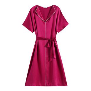 罗丝美100%桑蚕丝睡裙连袖长洋装家居服时尚简约居家睡衣12027