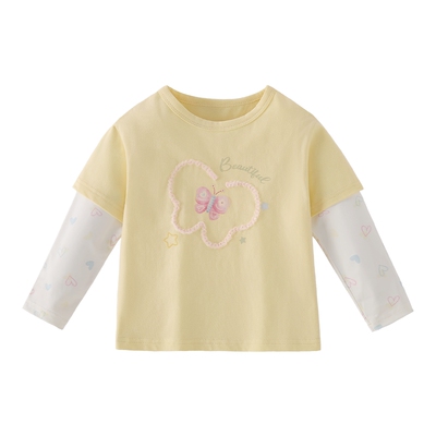 [7A抑菌]女童假两件T恤法式甜美春新款儿童长袖撞色满印5宝宝衣服