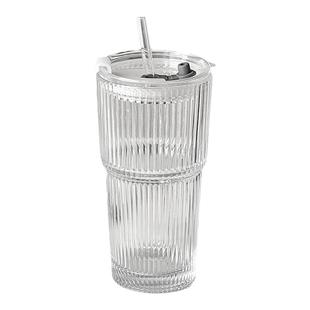 大容量玻璃吸管杯高颜值女夏天竖条纹带盖双饮杯咖啡果茶柠檬水杯