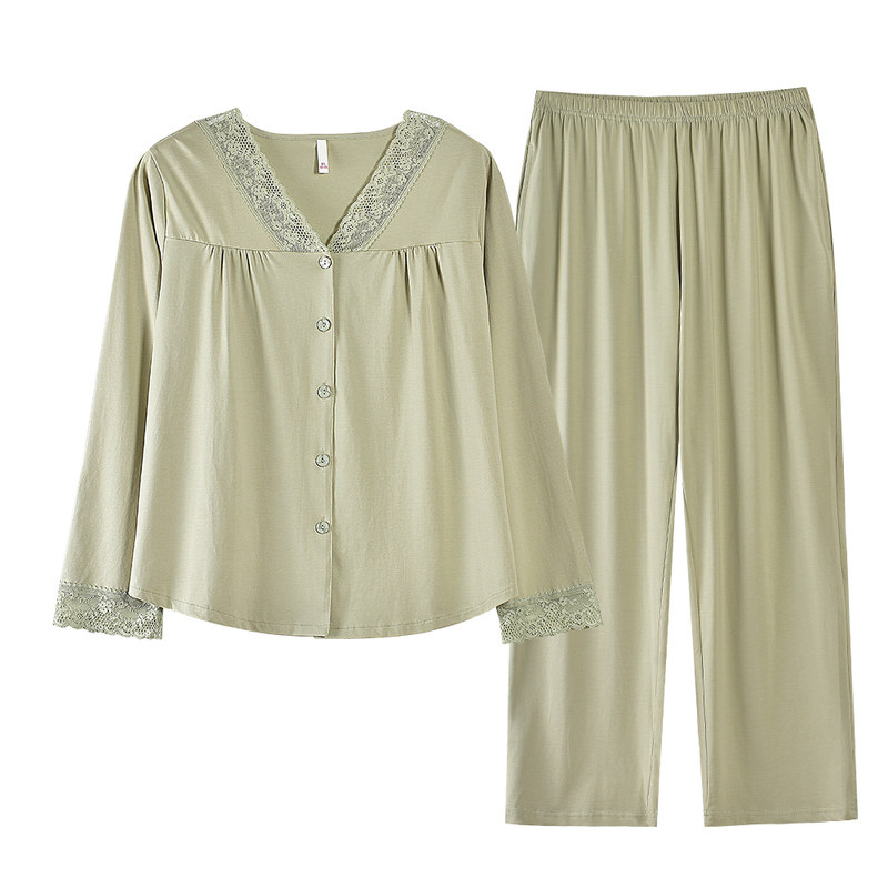雅鹿睡衣女春秋季V领家居服套装