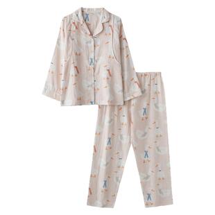 卡通大鹅月子服睡衣女春夏季纯棉纱布薄款长袖哺乳装家居服套装