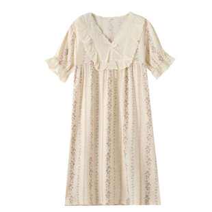 田园风夏季碎花中长睡裙纯棉纱布短袖睡衣女薄款甜美家居服高级感