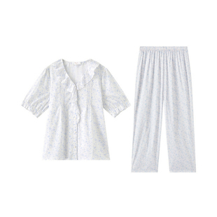 曼妮芬26春夏新品荷叶V领短袖印花女士睡衣家居服法式可外穿套装