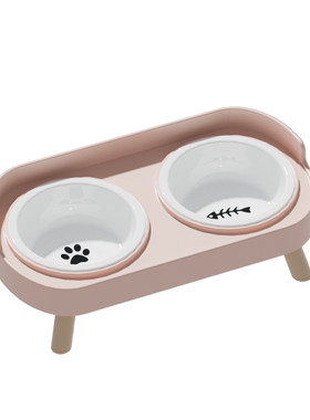 猫碗陶瓷猫食盆猫咪饭碗喝水碗粮碗保护颈椎双碗不易打翻狗狗饭盆