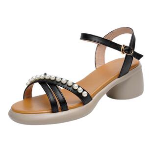 凉鞋女2025新款夏季女鞋外穿百搭高跟粗跟真皮软底女士妈妈鞋子