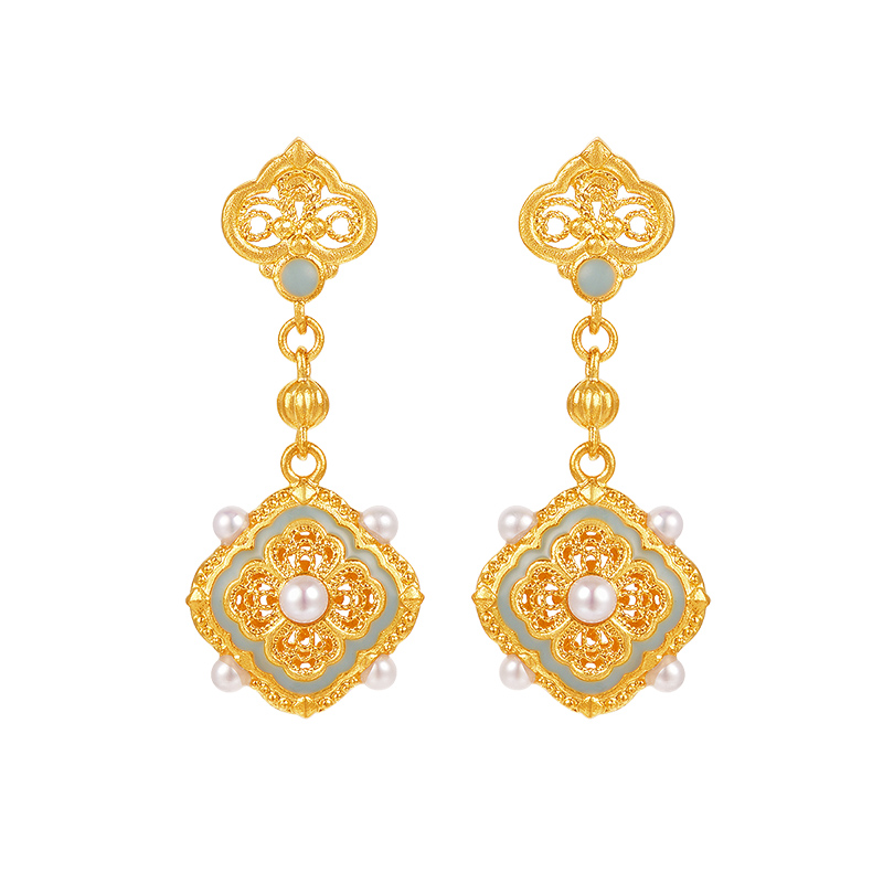 明牌珠宝古法黄金镂空花丝耳钉 宋韵系列足金珍珠如意耳饰AFH0373