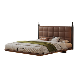 中古风悬浮床主卧高端大气实木床1米8复古真皮软包薄床头双人床