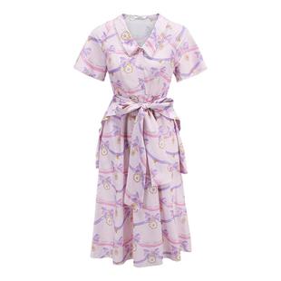 tanni新款优雅温柔气质印花收腰衬衫式连衣裙TM11DR062A