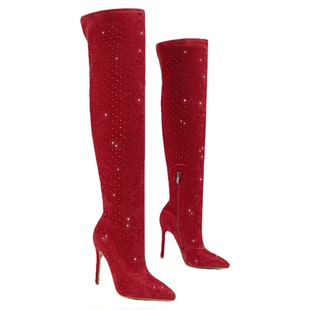 欧美外贸新款时尚水钻过膝高筒靴性感尖头高跟Lazada Women Boots