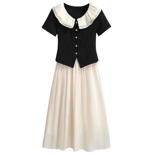 小香风娃娃领短袖半身裙女2026夏新款上下两件套裙装高级感连衣裙