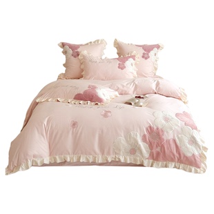 ins粉色可爱公主风全棉床上四件套纯棉刺绣花朵被套床单女孩床品4