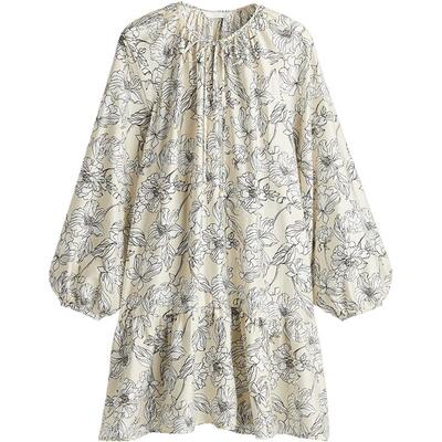 HM女装花卉连衣裙夏季宽松圆领法式印花灯笼长袖系带短裙1217790