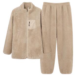 秋冬款珊瑚绒睡衣男秋冬季加厚加绒家居服拉链大码法兰绒男士套装