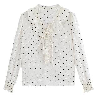 FEXATA斐格思2026春季新款荷叶边V领复古浪漫赫本风黑白波点衬衫