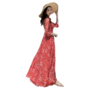 红色新中式国风旗袍连衣裙长款女2026新款雪纺长裙大摆海边沙滩裙