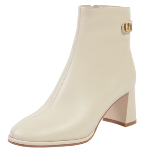 百田森真皮牛皮短靴女白色粗跟休闲通勤保暖羽绒靴舒适百搭高级感