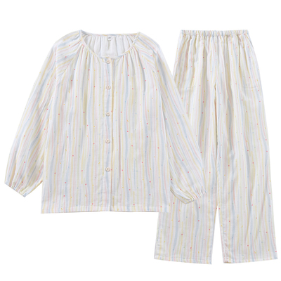 春夏纯棉双层纱布彩条爱心睡衣