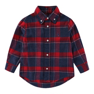 RL076男女童磨毛格子长袖衬衣儿童衬衫法兰绒小马厚款中大童