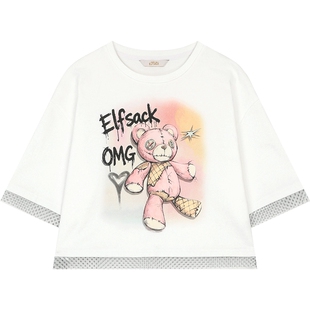 妖精的口袋白色蕾丝拼接印花短袖t恤女2026早春新款宽松短款上衣