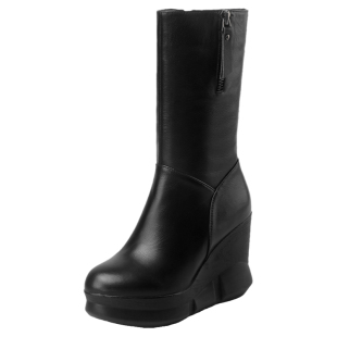 中筒靴厚底女靴坡跟圆头真皮侧拉链高跟骑士靴小个子牛皮女士靴子