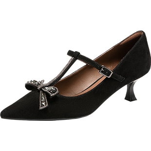 natursun玛丽珍高跟鞋2025冬季新款精致蝴蝶结舒适T字带绝春季