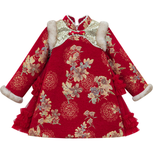 女童拜年服女孩中国风红色加绒连衣裙冬装2025新款儿童旗袍公主裙