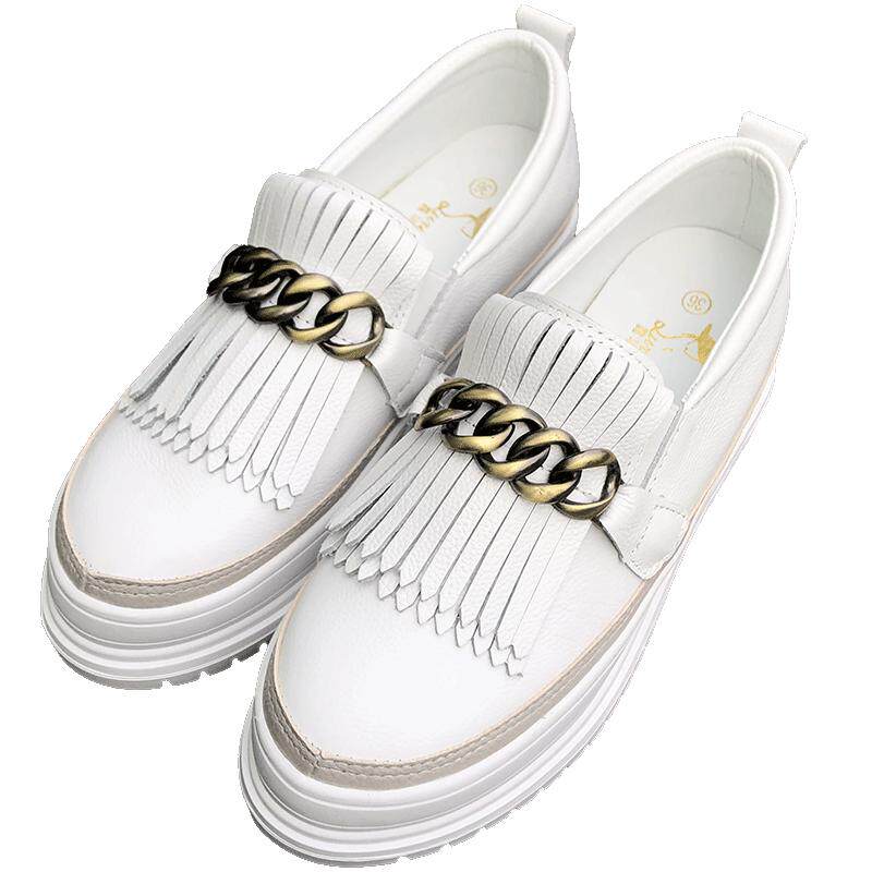 内增高软皮小白鞋女松糕底乐福鞋真皮厚底懒人鞋一脚蹬休闲流苏鞋