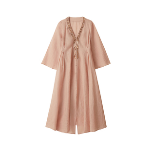 Floating 重工钉珠V领轻奢名媛度假风高级感长裙女气质苎麻连衣裙