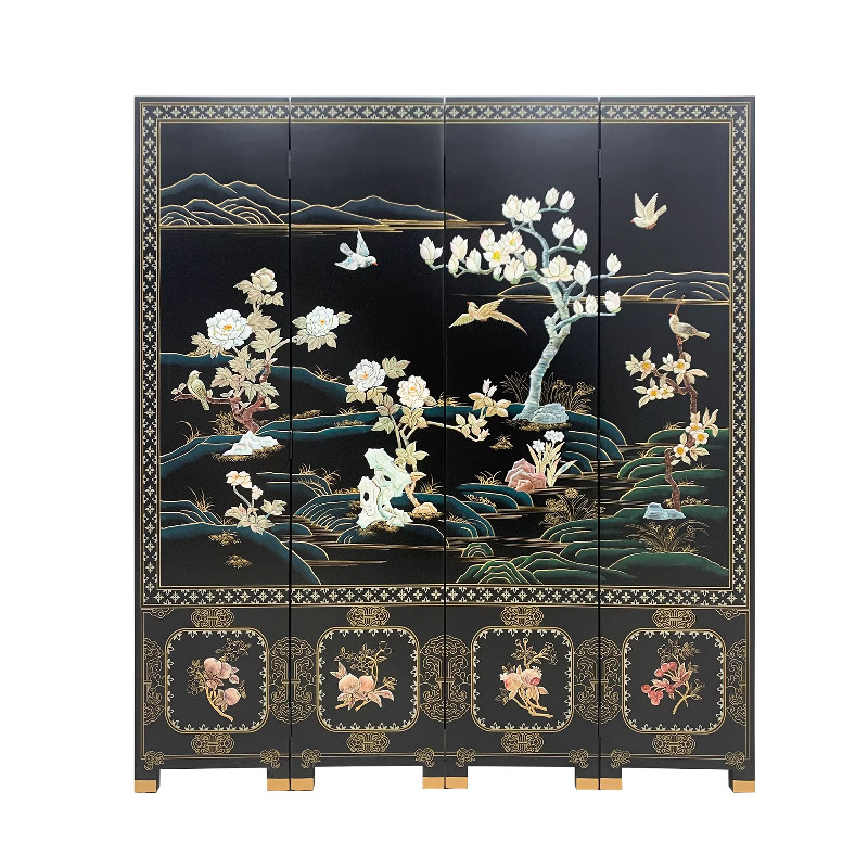 中古漆画实木屏风隔断手绘折屏