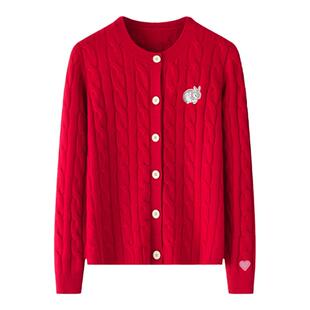 100山羊绒绞花女开衫鄂尔多斯市圆领加厚双股针织衫保暖休闲毛衣