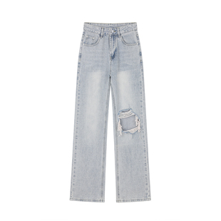 F PROJECT浅海赤耳 时髦必入～薄款破洞宽松直筒牛仔裤女夏季显瘦