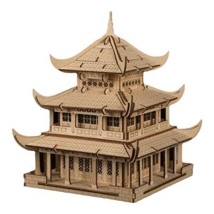 岳阳楼木质榫卯结构拼图DIY国风手工积木摆件模型木制古建筑模型