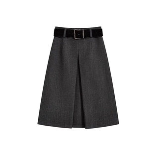 深灰色毛呢压褶半身裙女秋冬季高腰加厚中裙小个子气质a字包臀裙