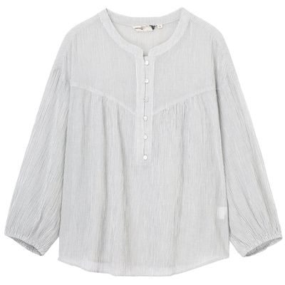 布景衬衫女春季新品简约文艺条纹宽松纯棉套头小衫衬衣1245