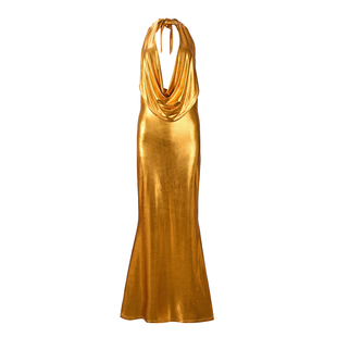 酒会宴会低胸奢雅名媛冰丝荡领绑带挂脖礼服红毯派对高级感连衣裙